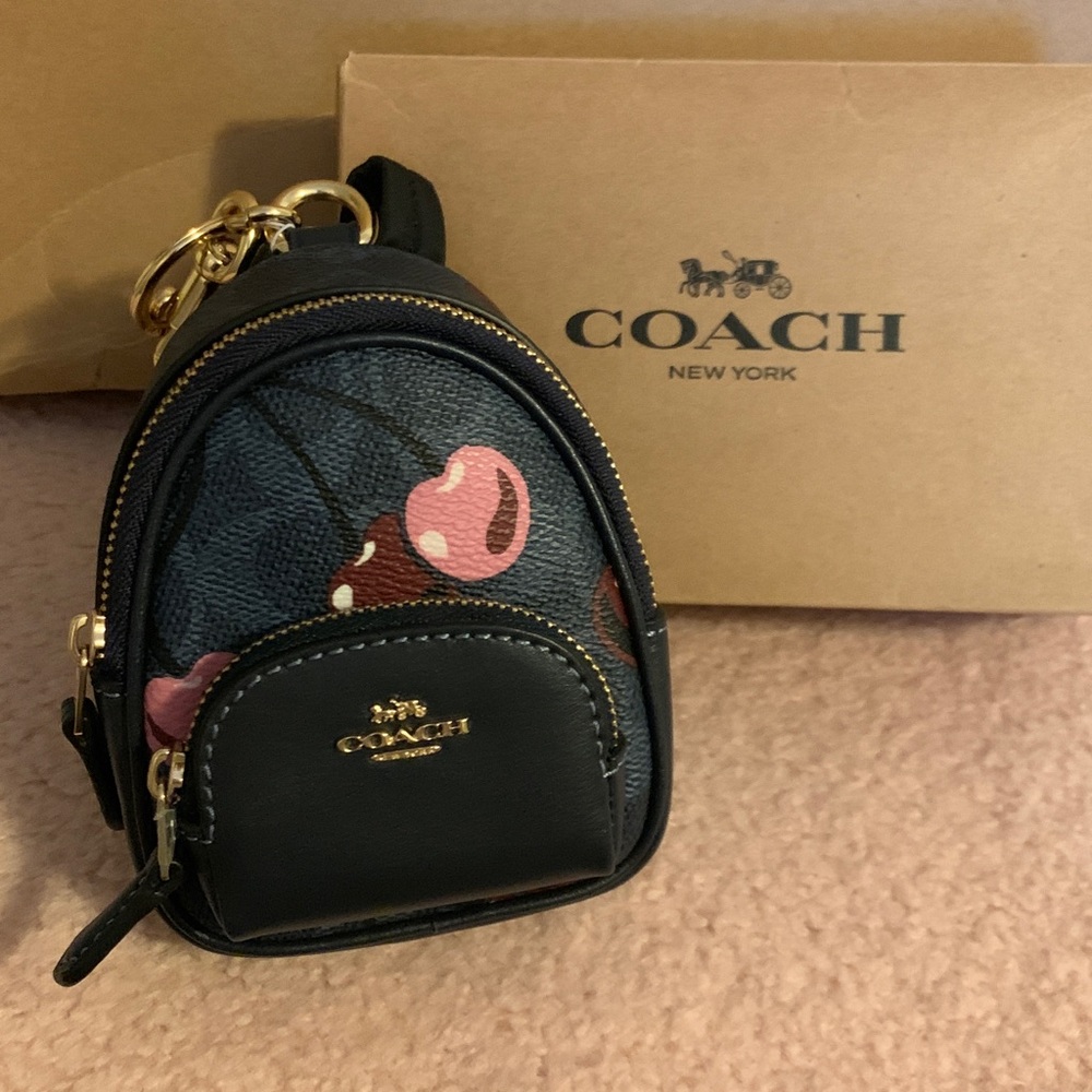 Coach Navy Mini Backpack Keychain with Pink Cherry Print and Gold Hardware